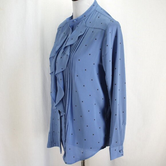 Ann Taylor Blouse Womens Size M Blue Long Sleeve Ruffle Pintucks Button Front - Picture 3 of 7